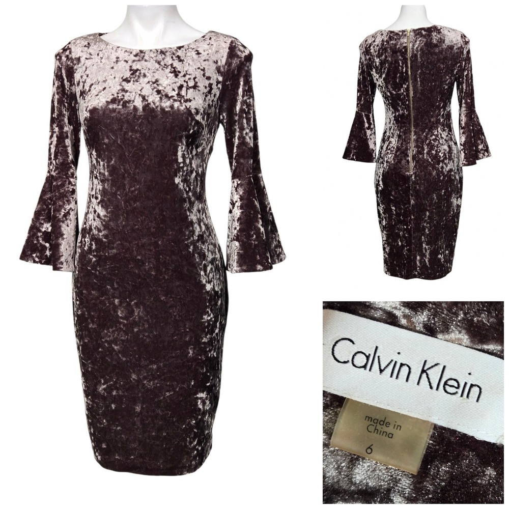 Calvin Klein dress 6 brown Crushed Velvet Bell Sleeve Sheath fall office church